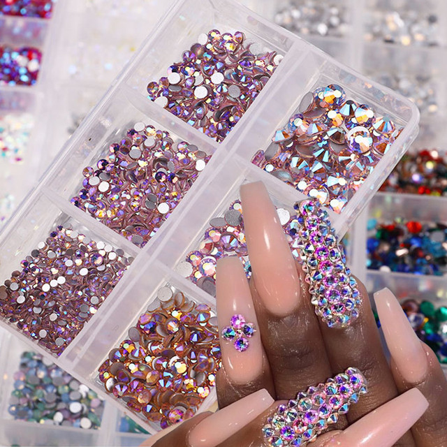 3d Nail Rhinestones Flat Bottom Glitter Crystal Diamond Mixed Color Ab Pink  Gold White Color 6 Grid Diamond Diy Nail Decorations - Rhinestones &  Decorations - AliExpress